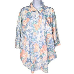 Vintage 80s Womens XL Top Blouse Peach Blue Floral Short Sleeve New